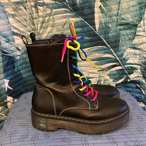 Union Bay black faux leather with rainbow stitching platform combat boots 7.5 - Picture 1 of 7